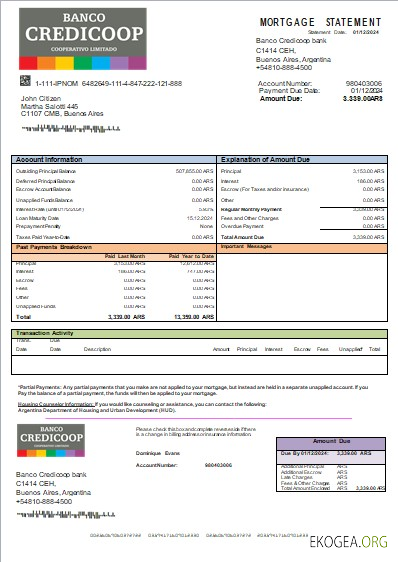 Argentine Banco Credicoop relevé hypothécaire bancaire scr
